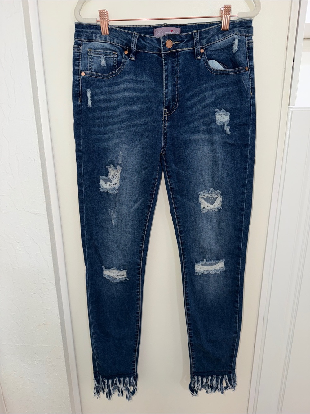 K's More Distressed Fringe Hem Dark Blue Women's Jeans | 13